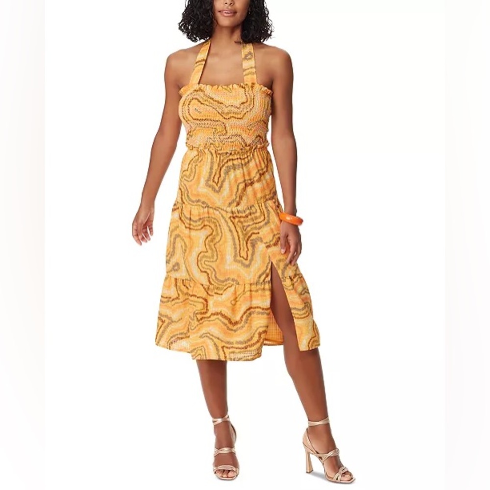 SAM EDELMAN Jennie Printed Smocked Slit-Front Halter Midi Dress